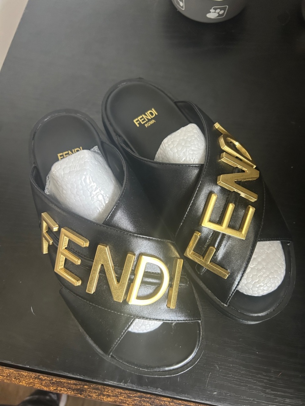Fendi Black Leather Slide Sandals with Gold Logo Letters